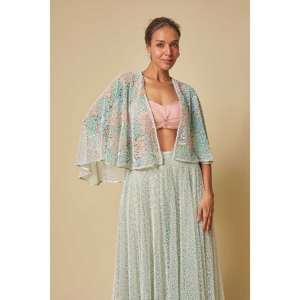 Masumi Mewawalla Mint Embroidered Sharara with Blouse and Cape (Set of 3)