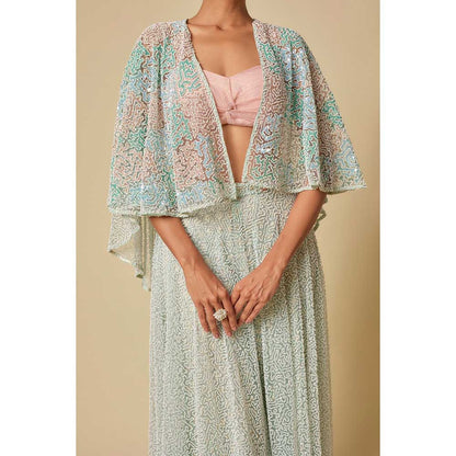 Masumi Mewawalla Mint Embroidered Sharara with Blouse and Cape (Set of 3)