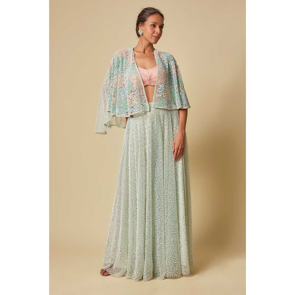 Masumi Mewawalla Mint Embroidered Sharara with Blouse and Cape (Set of 3)