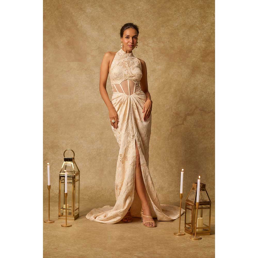 Masumi Mewawalla Beige Brocade Embroidered Corset Drape Gown
