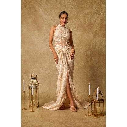 Masumi Mewawalla Beige Brocade Embroidered Corset Drape Gown