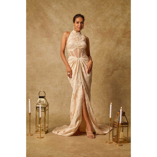 Masumi Mewawalla Beige Brocade Embroidered Corset Drape Gown