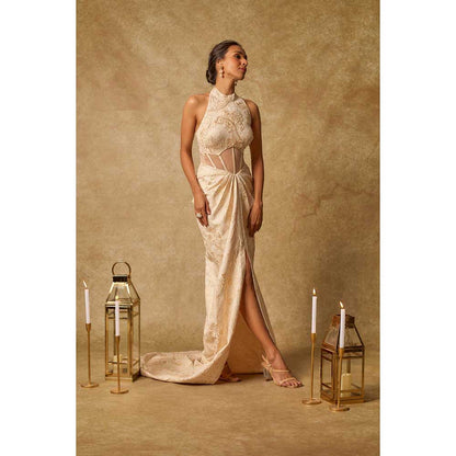 Masumi Mewawalla Beige Brocade Embroidered Corset Drape Gown