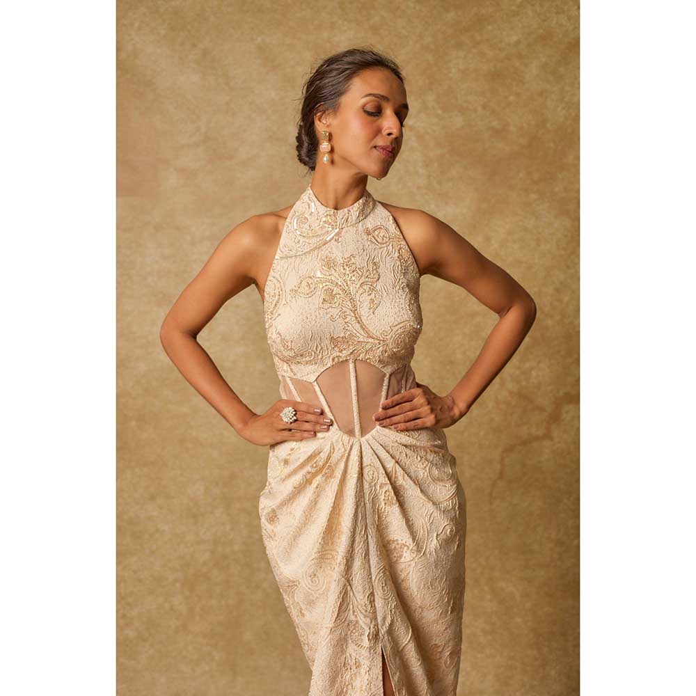 Masumi Mewawalla Beige Brocade Embroidered Corset Drape Gown