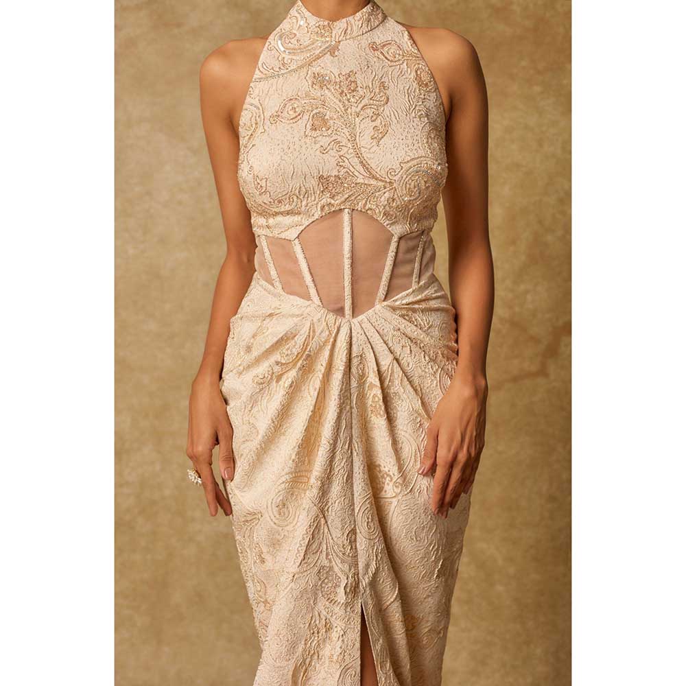 Masumi Mewawalla Beige Brocade Embroidered Corset Drape Gown