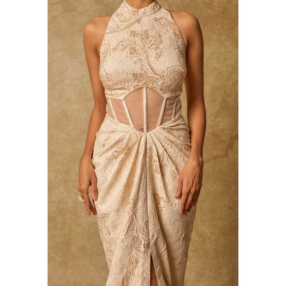 Masumi Mewawalla Beige Brocade Embroidered Corset Drape Gown