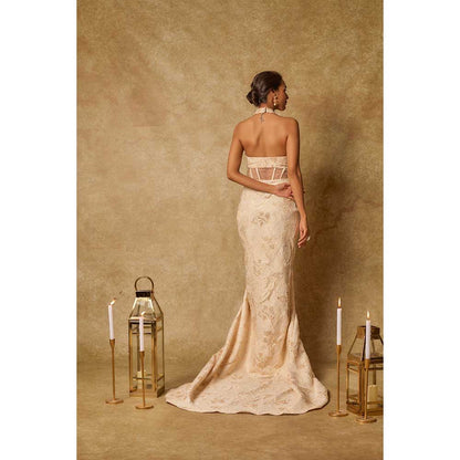 Masumi Mewawalla Beige Brocade Embroidered Corset Drape Gown