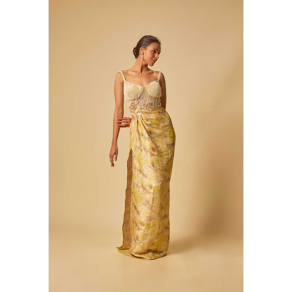 Masumi Mewawalla Yellow Brocade Embroidered Corset Drape Gown