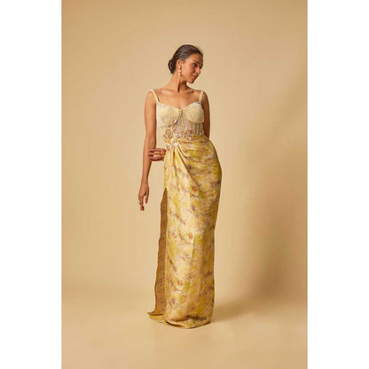 Masumi Mewawalla Yellow Brocade Embroidered Corset Drape Gown