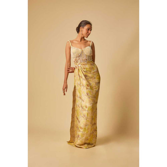 Masumi Mewawalla Yellow Brocade Embroidered Corset Drape Gown