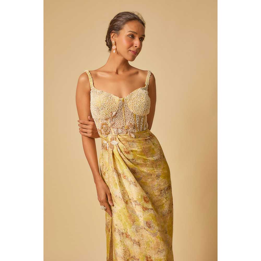 Masumi Mewawalla Yellow Brocade Embroidered Corset Drape Gown