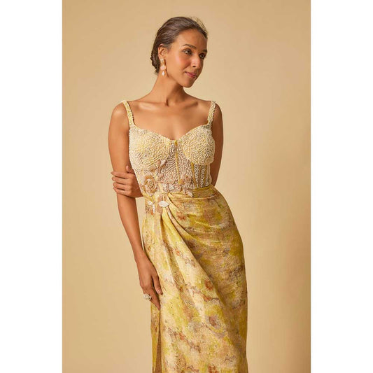Masumi Mewawalla Yellow Brocade Embroidered Corset Drape Gown