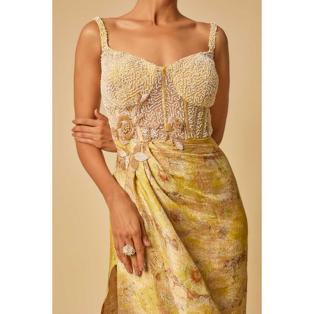 Masumi Mewawalla Yellow Brocade Embroidered Corset Drape Gown