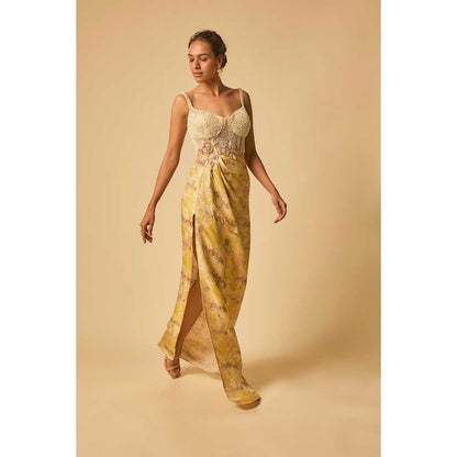 Masumi Mewawalla Yellow Brocade Embroidered Corset Drape Gown