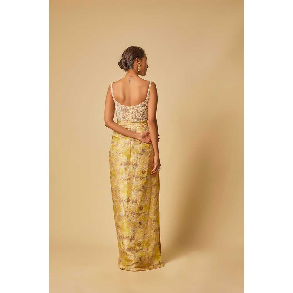 Masumi Mewawalla Yellow Brocade Embroidered Corset Drape Gown