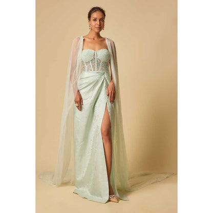 Masumi Mewawalla Mint Brocade Embroidered Corset Drape Gown with Cape (Set of 2)