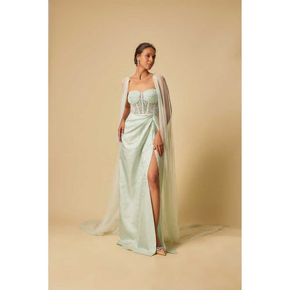 Masumi Mewawalla Mint Brocade Embroidered Corset Drape Gown with Cape (Set of 2)