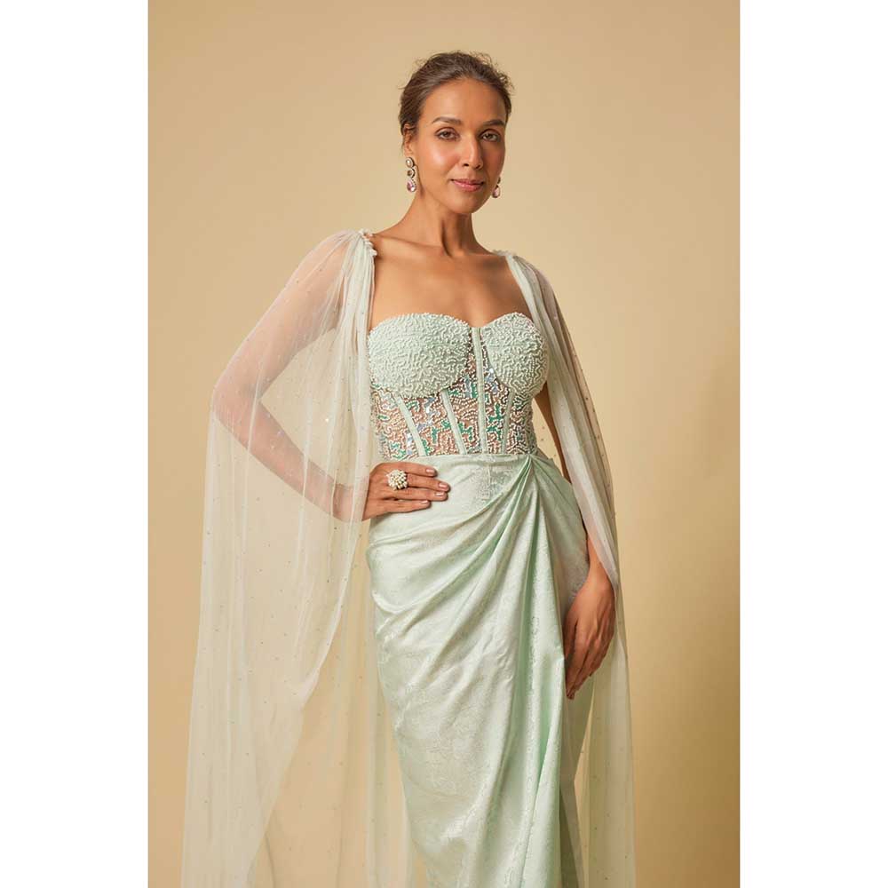 Masumi Mewawalla Mint Brocade Embroidered Corset Drape Gown with Cape (Set of 2)