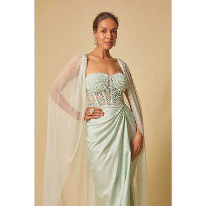 Masumi Mewawalla Mint Brocade Embroidered Corset Drape Gown with Cape (Set of 2)