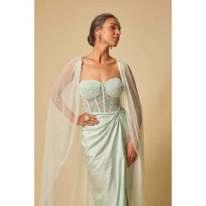 Masumi Mewawalla Mint Brocade Embroidered Corset Drape Gown with Cape (Set of 2)