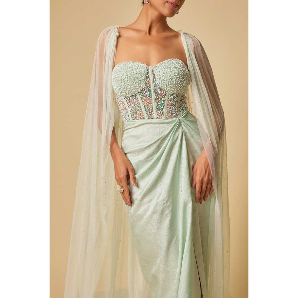Masumi Mewawalla Mint Brocade Embroidered Corset Drape Gown with Cape (Set of 2)