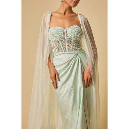 Masumi Mewawalla Mint Brocade Embroidered Corset Drape Gown with Cape (Set of 2)