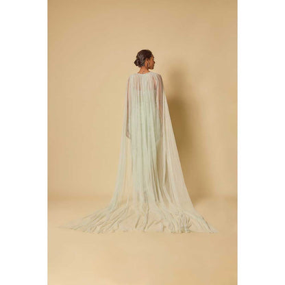 Masumi Mewawalla Mint Brocade Embroidered Corset Drape Gown with Cape (Set of 2)