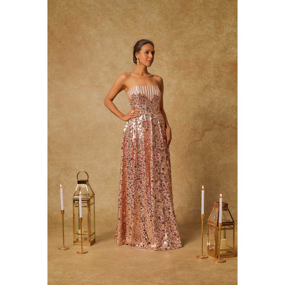 Masumi Mewawalla Baby Pink Sequin Embroidered Corset Gown