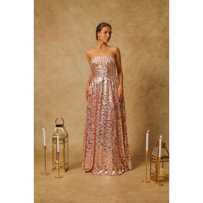 Masumi Mewawalla Baby Pink Sequin Embroidered Corset Gown