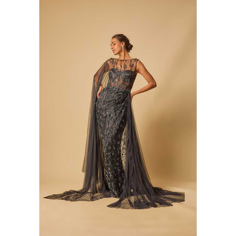 Masumi Mewawalla Black Embroidered Drape Gown