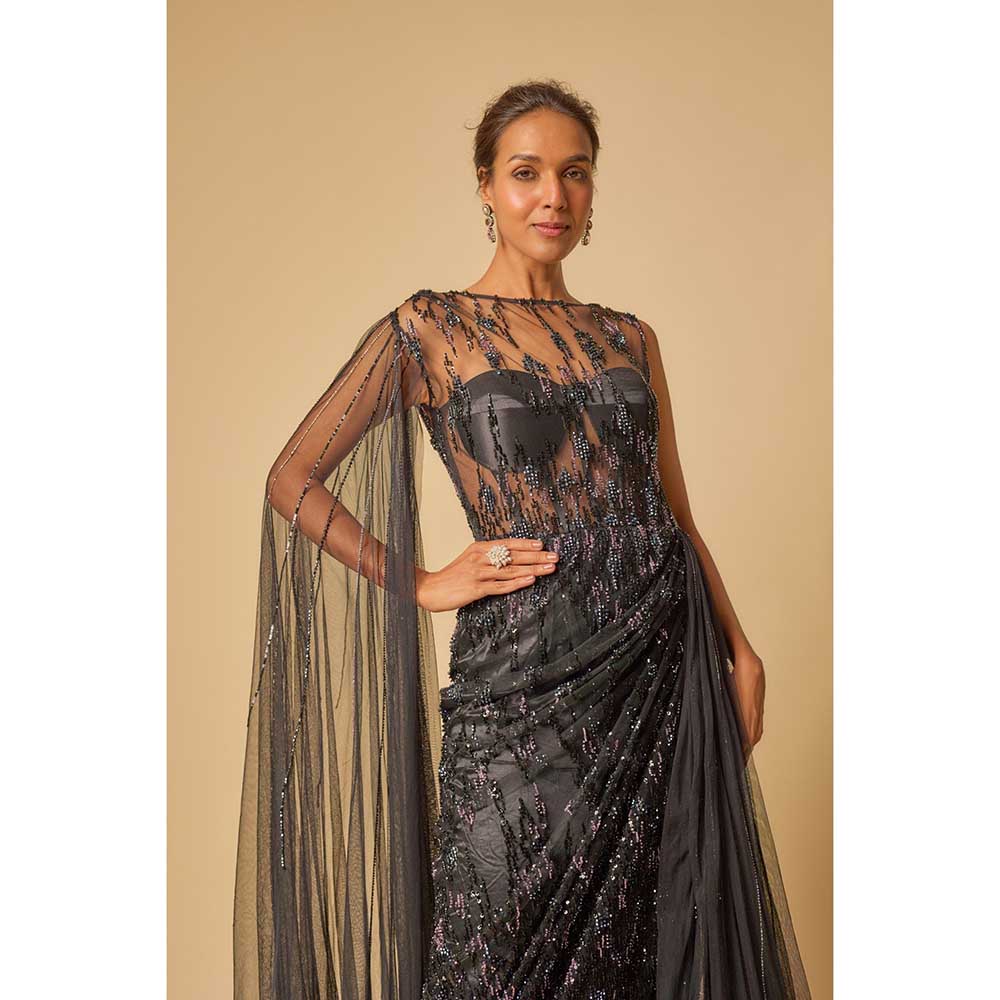 Masumi Mewawalla Black Embroidered Drape Gown