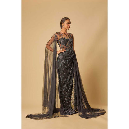 Masumi Mewawalla Black Embroidered Drape Gown