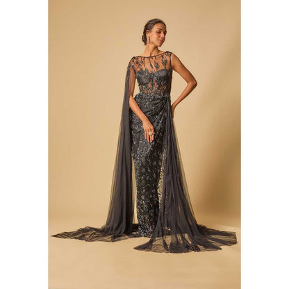 Masumi Mewawalla Black Embroidered Drape Gown