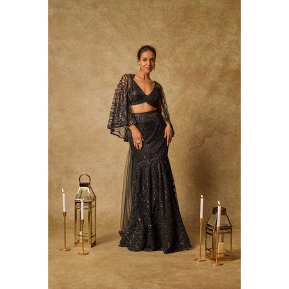 Masumi Mewawalla Black Embroidered Mermaid Skirt with Stitched Blouse and Cape (Set of 3)