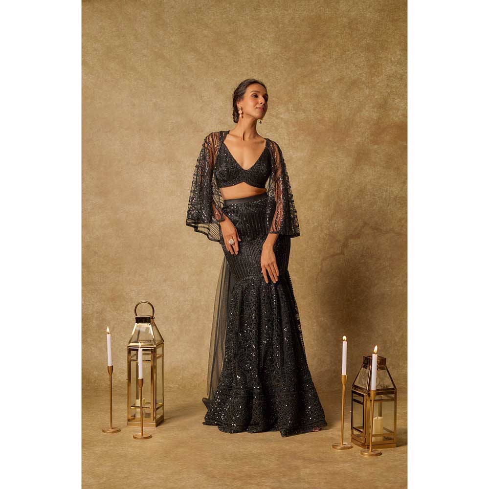 Masumi Mewawalla Black Embroidered Mermaid Skirt with Stitched Blouse and Cape (Set of 3)