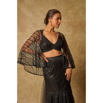 Masumi Mewawalla Black Embroidered Mermaid Skirt with Stitched Blouse and Cape (Set of 3)