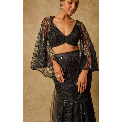 Masumi Mewawalla Black Embroidered Mermaid Skirt with Stitched Blouse and Cape (Set of 3)