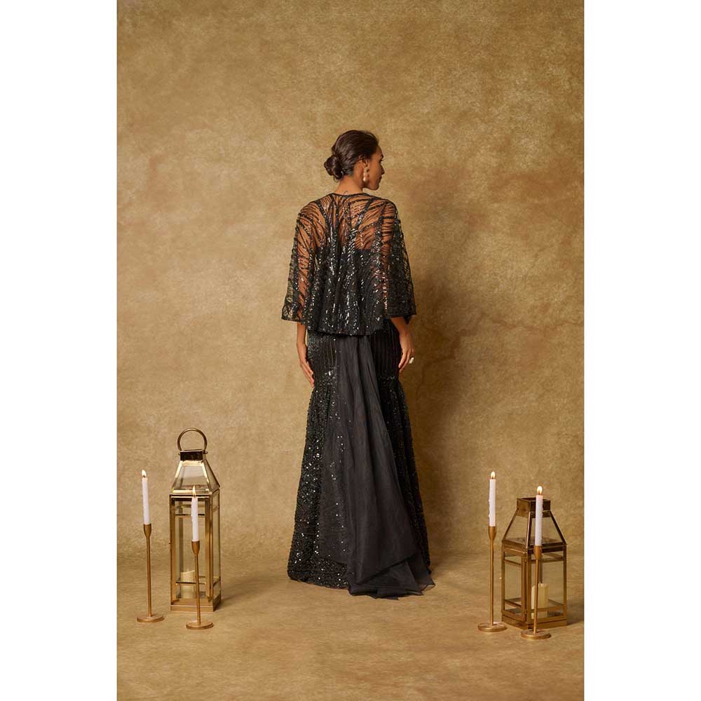 Masumi Mewawalla Black Embroidered Mermaid Skirt with Stitched Blouse and Cape (Set of 3)