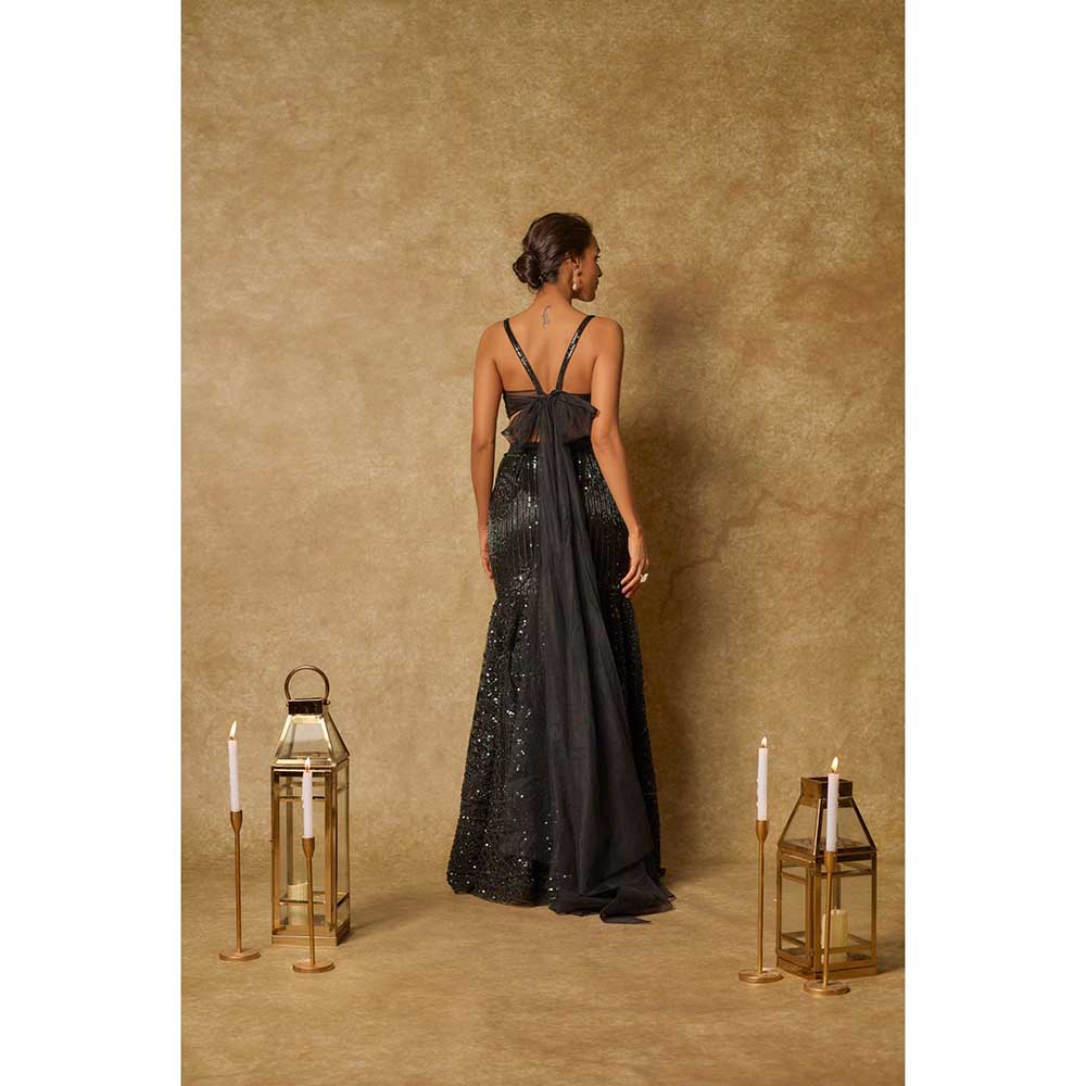 Masumi Mewawalla Black Embroidered Mermaid Skirt with Stitched Blouse and Cape (Set of 3)