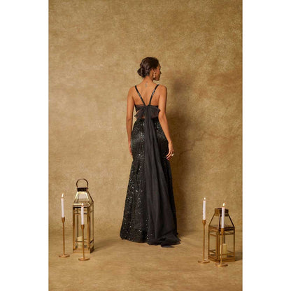 Masumi Mewawalla Black Embroidered Mermaid Skirt with Stitched Blouse and Cape (Set of 3)