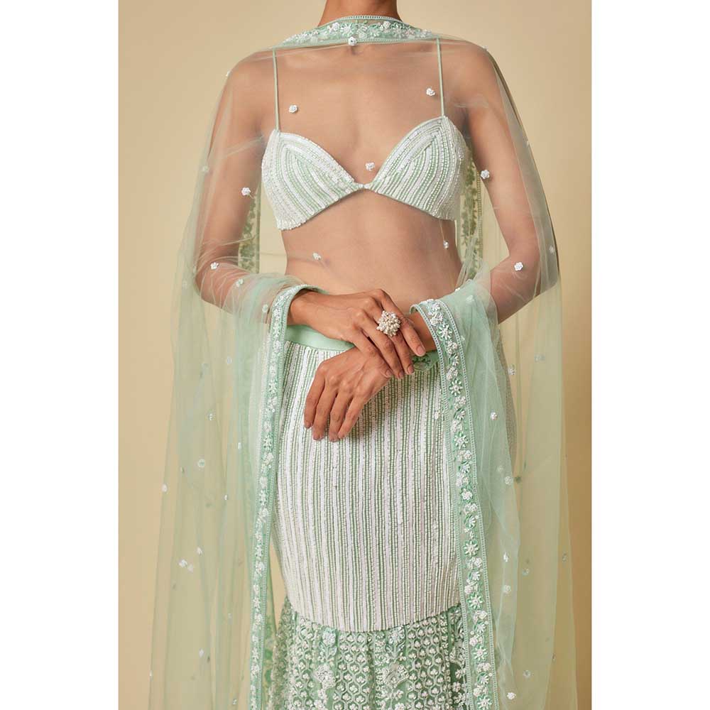 Masumi Mewawalla Mint Embroidered Mermaid Lehenga with Stitched Blouse and Dupatta (Set of 3)