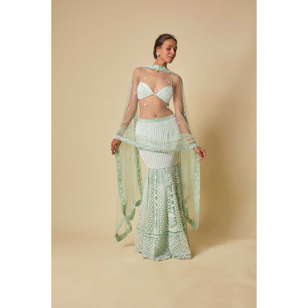 Masumi Mewawalla Mint Embroidered Mermaid Lehenga with Stitched Blouse and Dupatta (Set of 3)