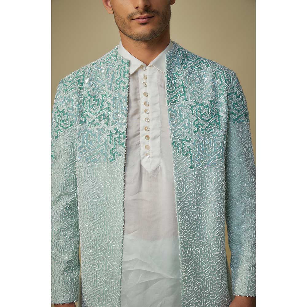 Masumi Mewawalla Mint Blue Embroidered Jacket with Kurta and Pant (Set of 3)