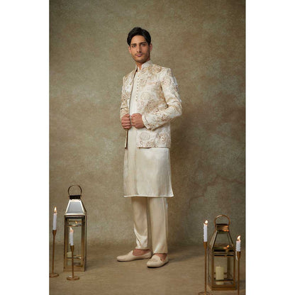 Masumi Mewawalla Beige Floral Embroidered Jacket with Kurta and Pant (Set of 3)