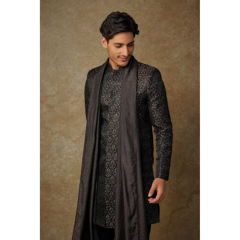 Masumi Mewawalla Black Embroidered Sherwani with Pant and Dupatta (Set of 3)