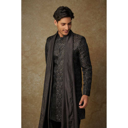 Masumi Mewawalla Black Embroidered Sherwani with Pant and Dupatta (Set of 3)
