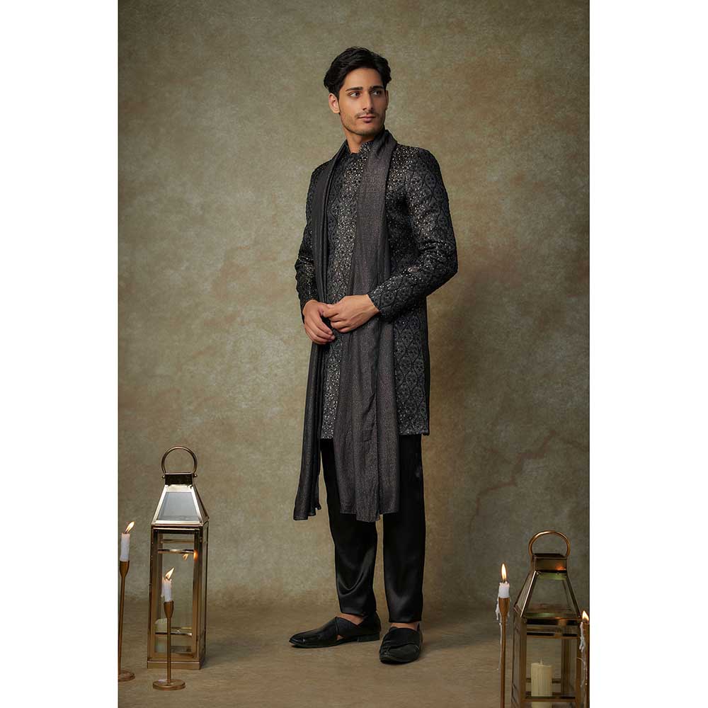Masumi Mewawalla Black Embroidered Sherwani with Pant and Dupatta (Set of 3)