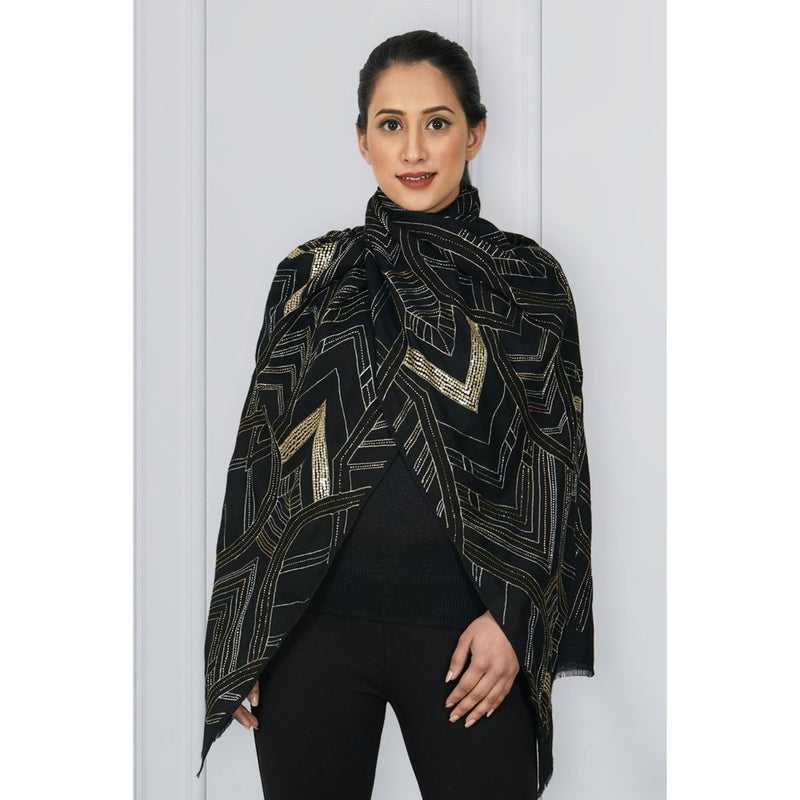 MAULI CASHMERE Aztec Gold Embroidered Pure Cashmere Stole