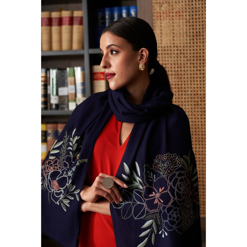 MAULI CASHMERE Floral Bouquet Embroidered Fine Merino Wool Stole