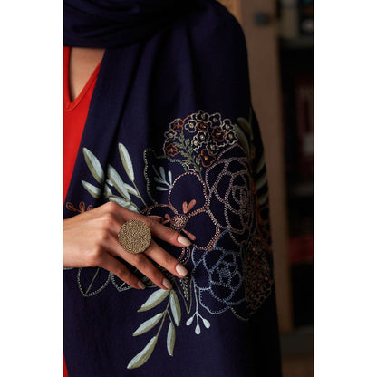 MAULI CASHMERE Floral Bouquet Embroidered Fine Merino Wool Stole